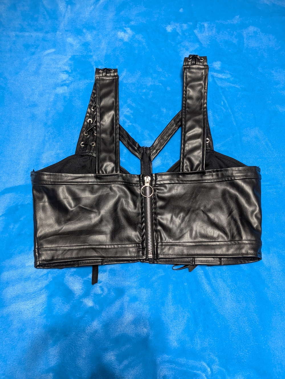 Midnight Rebel Lace-Up Bustier 🔥 Black Faux Leather Crop Top - Picture 2 of 3